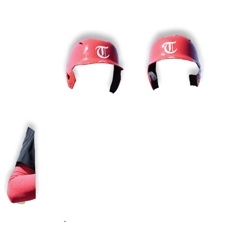 Two baseball players wearing red helmets and black shirts. AI generated content
