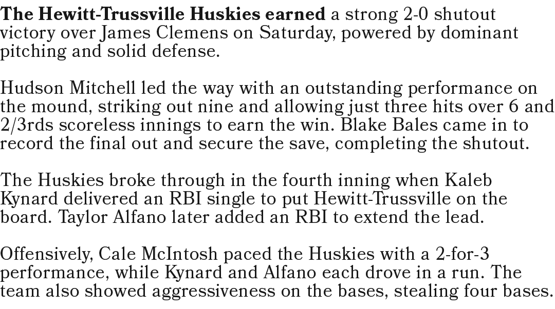 The Hewitt Trussville Huskies earned a strong 2 0 shutout victory over James Clemens on Saturday, powered by dominant...