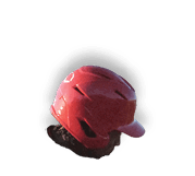 A person wearing a red helmet with a white stripe. AI generated content