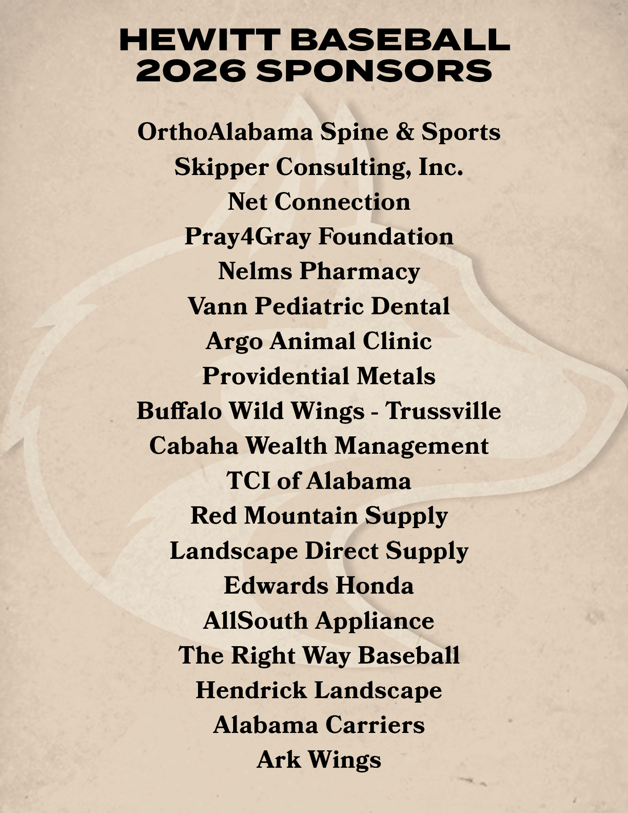 A sponsorship list for a baseball team includes companies such as Ortho Alabama Spine & Sports, Skipier Consulting, Net Connection, Neis Pharmacy, Vanno Phelatic Dental, Argo Animal Clinic, Providential Metals, Buffalo Wild Wings, Trussville, TJ of Alabama Carriers, and The Right Way Baseball. AI generated content