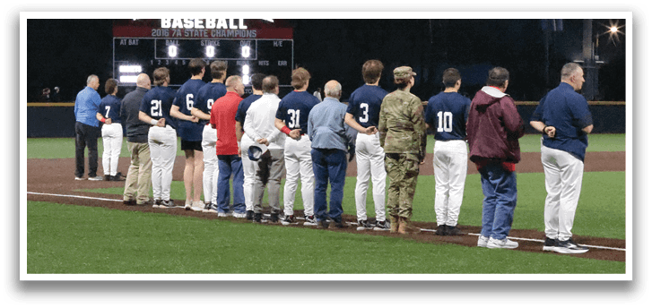 A group of people are standing on a baseball field, some of them wearing military uniforms. AI generated content