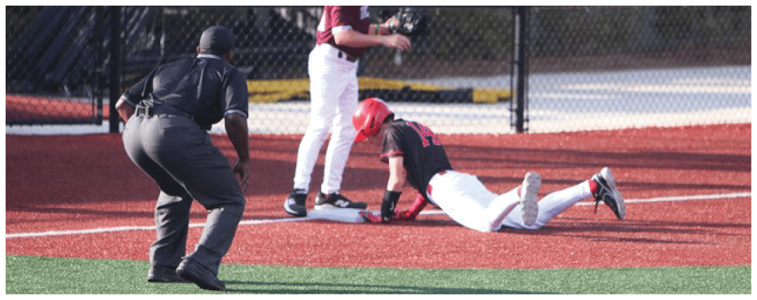 A baseball player slides into home plate, while the catcher and umpire watch. AI generated content