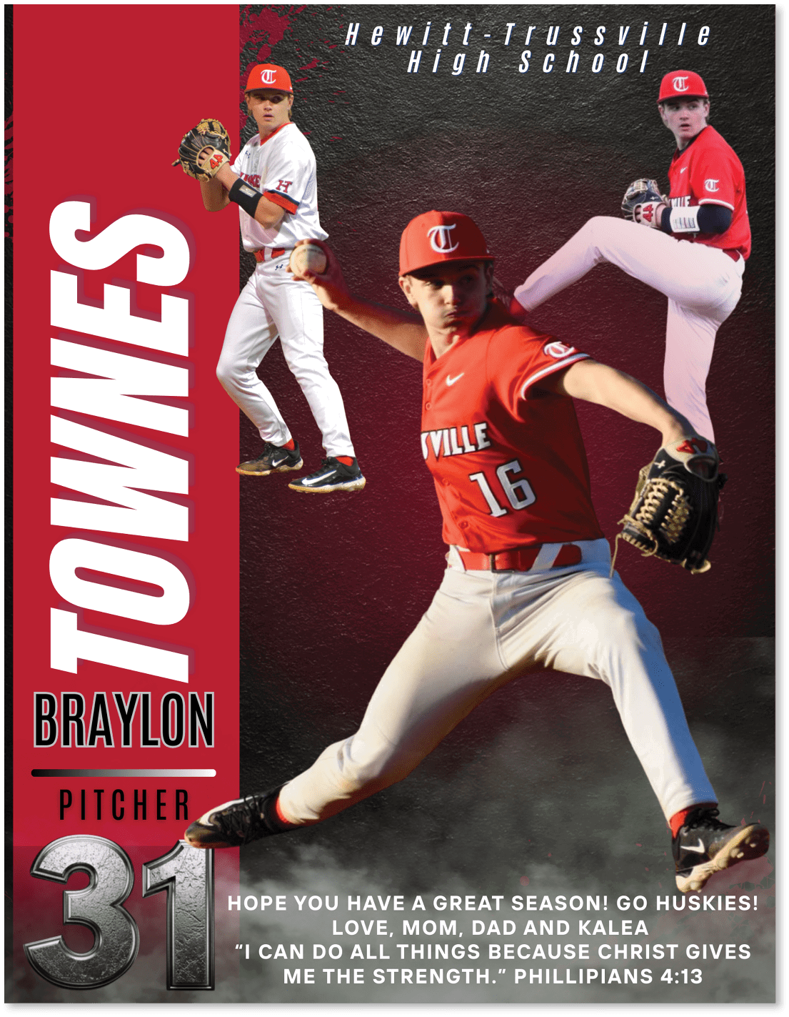 A baseball player in a red jersey with the number 16 on it is shown in three different poses. AI generated content