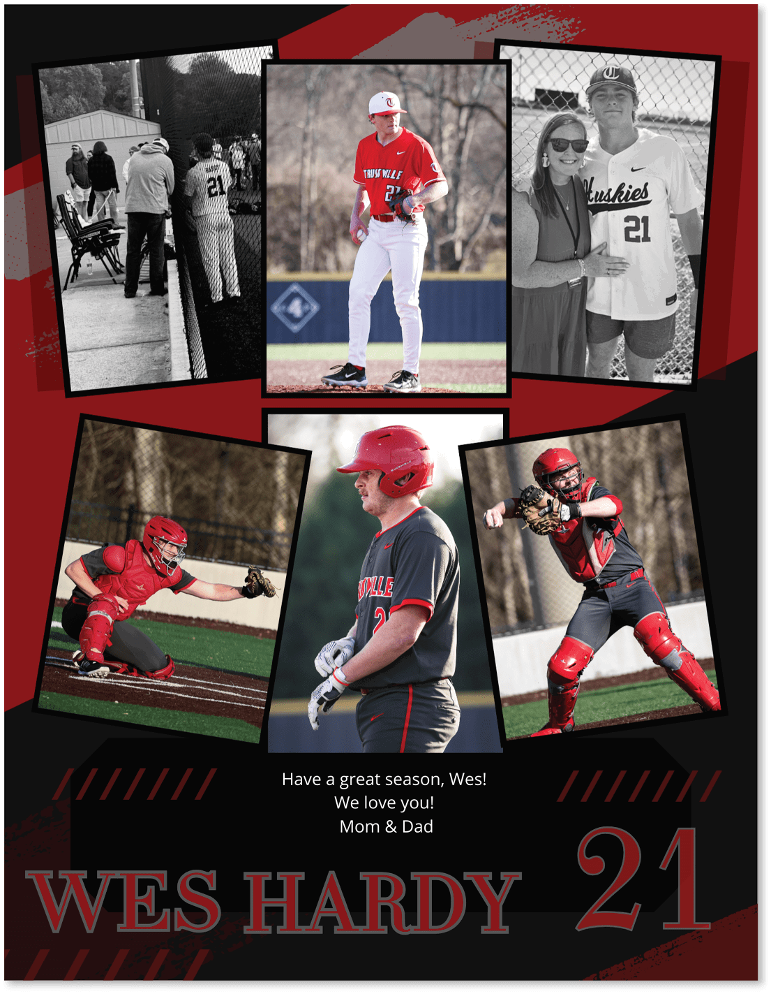 A baseball player wearing a red helmet and jersey is shown in a collage of photos. AI generated content