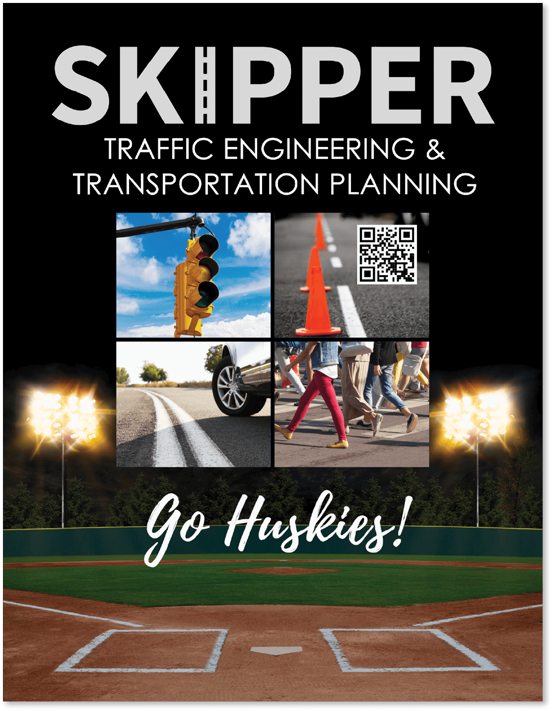 A baseball field with a sign that says Go Huskies. AI generated content