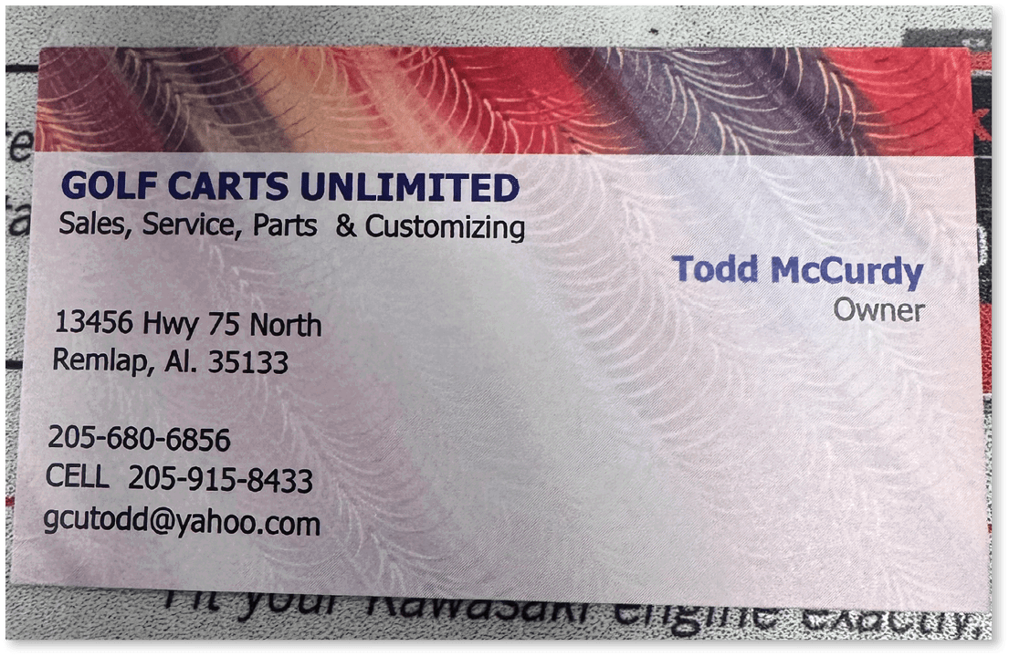 A business card for Todd McCurdy, a golf cart salesman, is shown. AI generated content