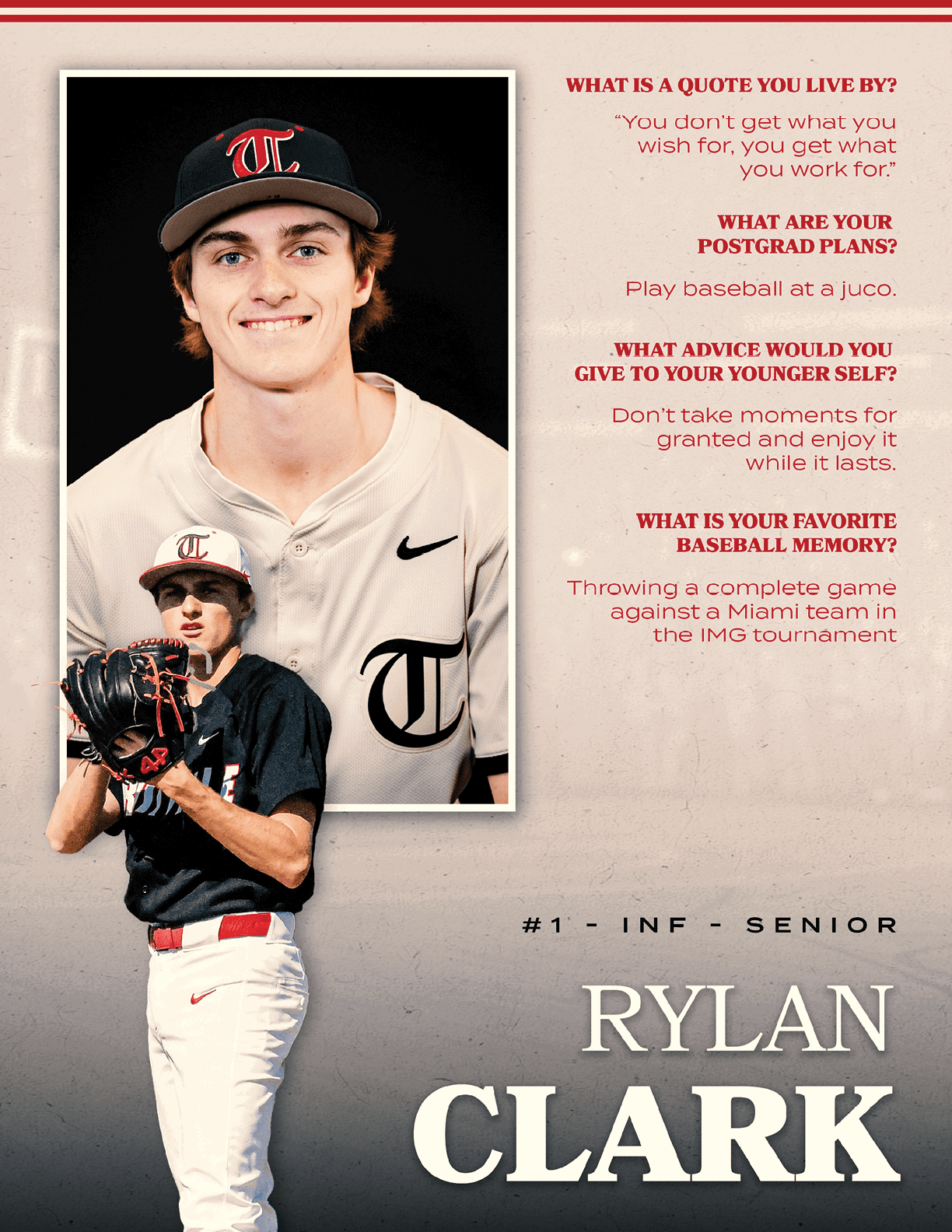 A baseball player named Rylan Clark poses for a photo. AI generated content