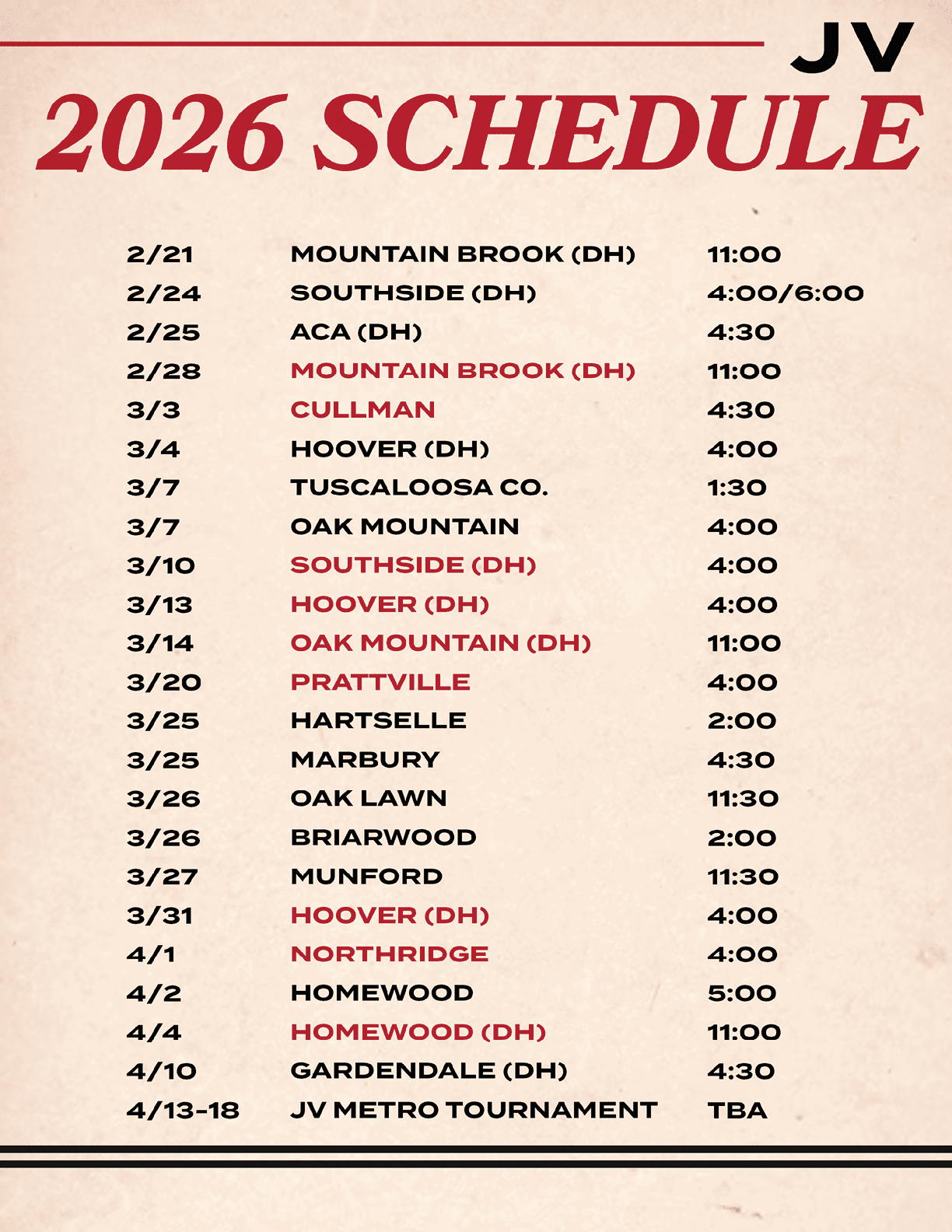 A calendar listing the dates and locations of JV games. AI generated content