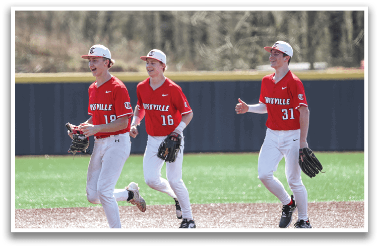 Three baseball players from the same team are running towards the base. AI generated content