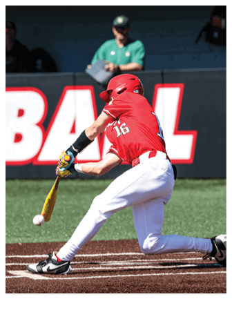 A baseball player in a red shirt and white pants is swinging a bat at a ball. AI generated content