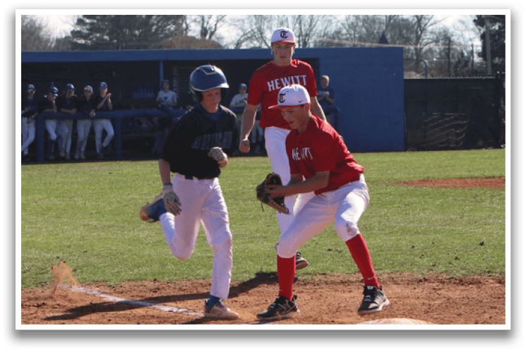 Two baseball players are running on a field, one wearing a red shirt and the other wearing a black shirt. The red shirt player is holding a baseball glove. AI generated content