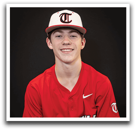 A young man wearing a red baseball jersey with the word “trusville" on the front. AI generated content