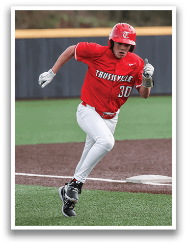 A baseball player in a red shirt and white pants is running towards home plate. AI generated content