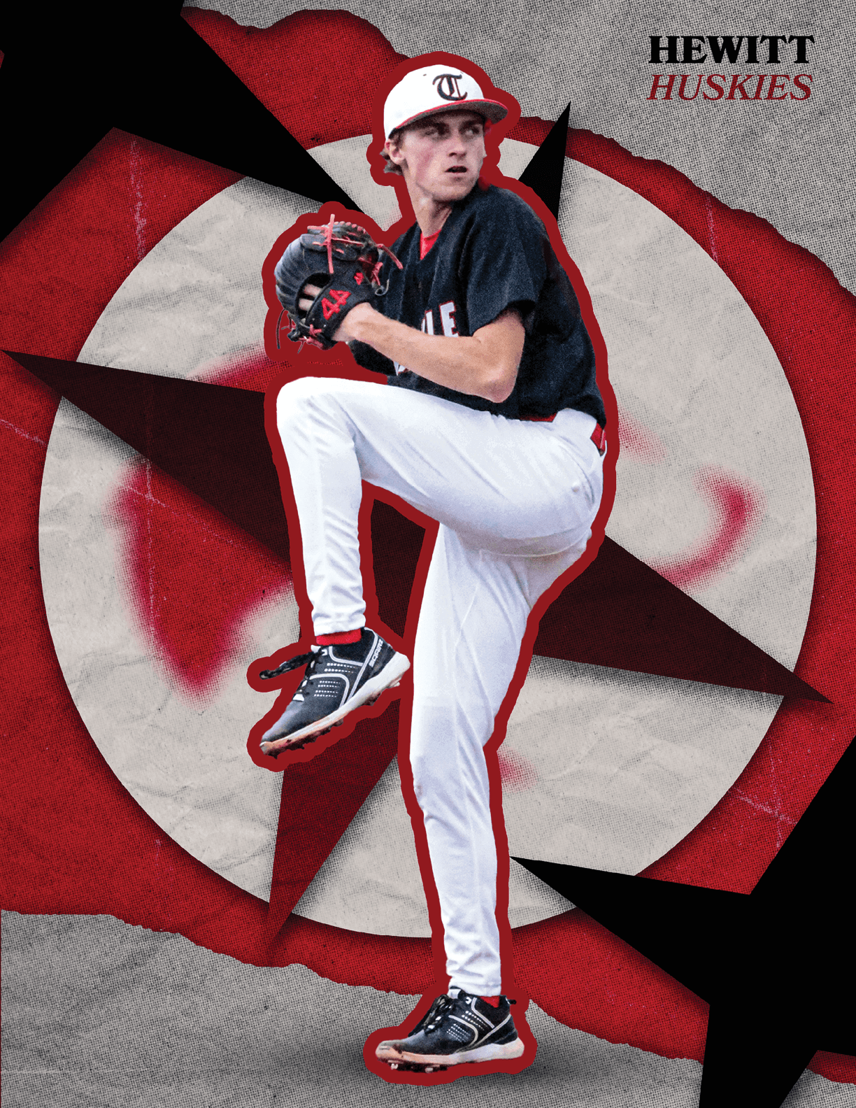 A baseball player in a white uniform is shown in a red and black image. He is in the process of throwing a baseball. AI generated content