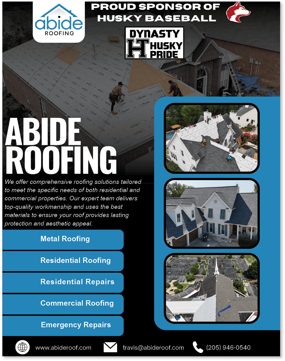 A flyer advertising roofing services by Abide Roofing. AI generated content
