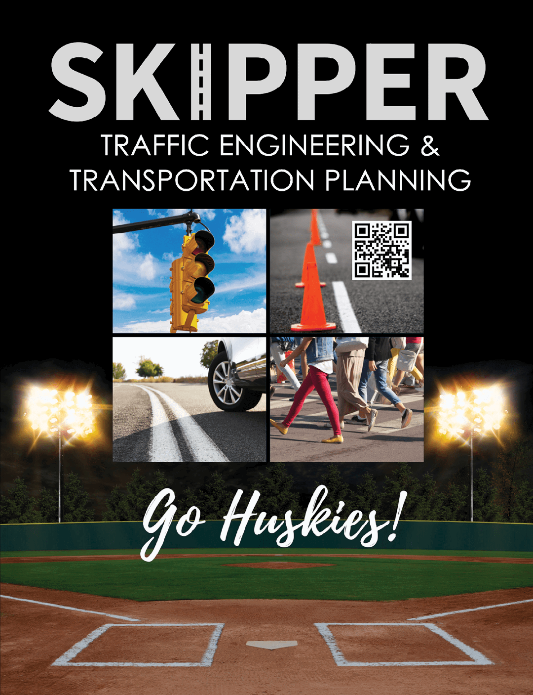 A baseball field with a sign that says Go Huskies. AI generated content