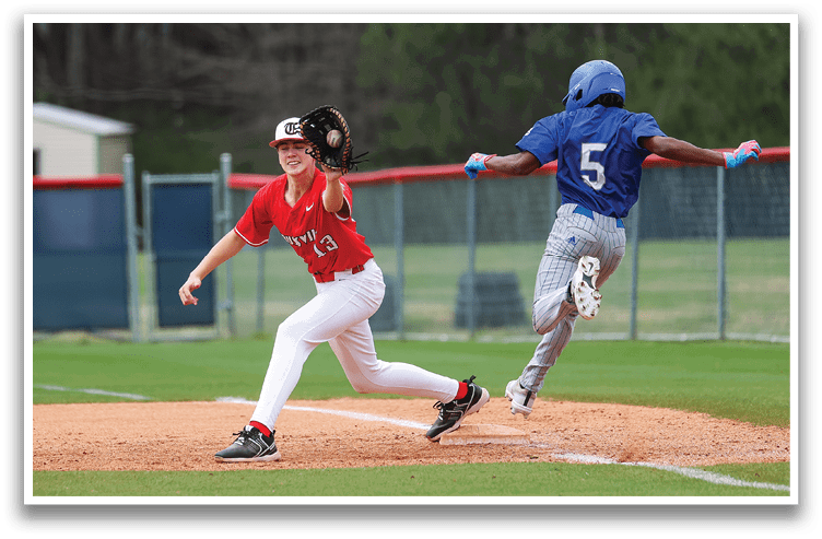 A baseball player in a red shirt is running to first base while another player in a blue shirt is trying to catch the ball. AI generated content