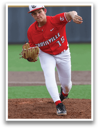 A baseball player in a red shirt and white pants is pitching a ball. AI generated content