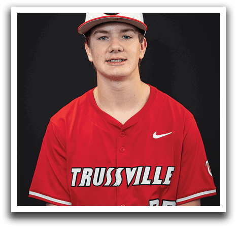 A young man wearing a red baseball jersey with the word “Trussville" on the front. AI generated content