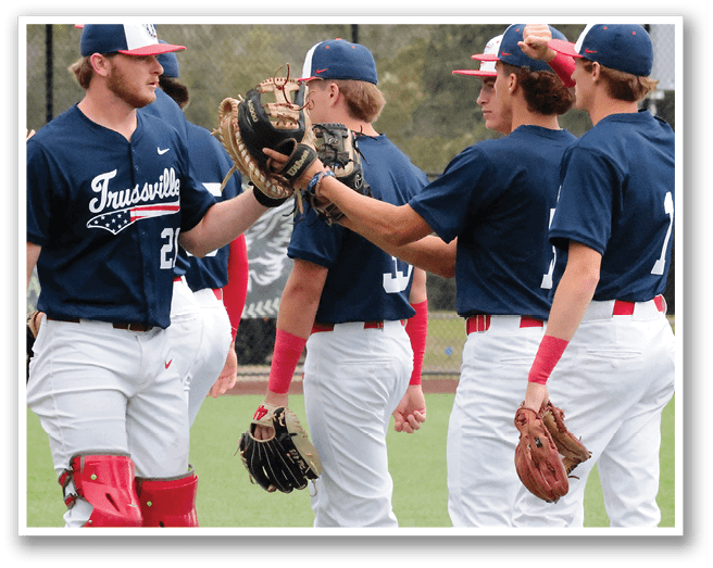 Baseball players wearing blue shirts and red hats, shaking hands and congratulating each other. AI generated content