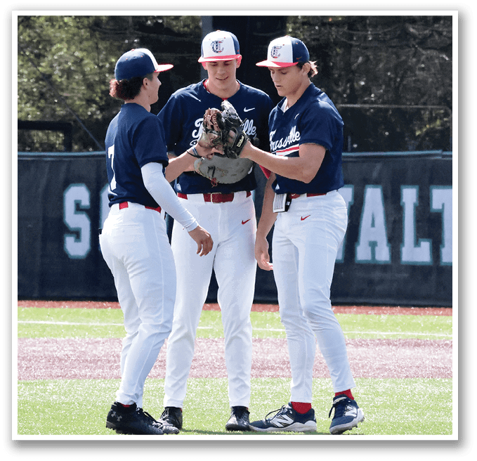 Three baseball players wearing blue and white uniforms are standing on a field. They are holding a baseball glove and talking to each other. AI generated content