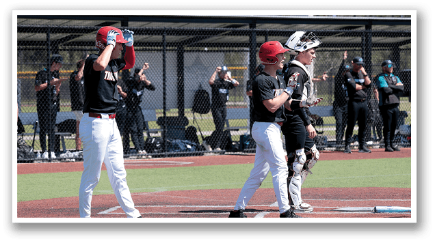 Baseball players on a field, one of them holding a bat. AI generated content