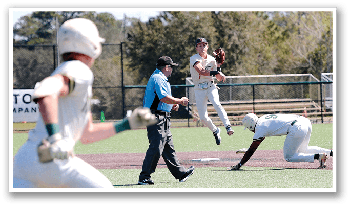 A baseball player is sliding into a base while the catcher tries to tag him out. The umpire is also present, observing the play. AI generated content