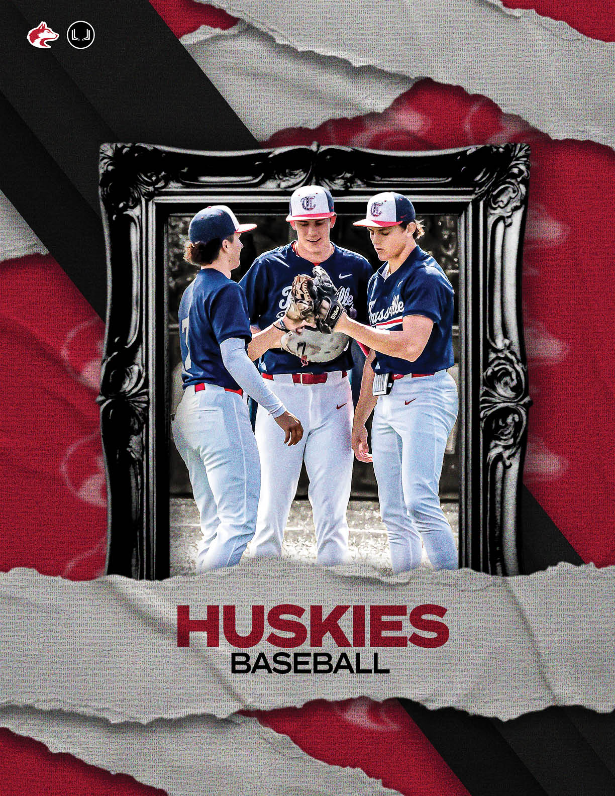 Three baseball players wearing blue and red uniforms are standing together. AI generated content