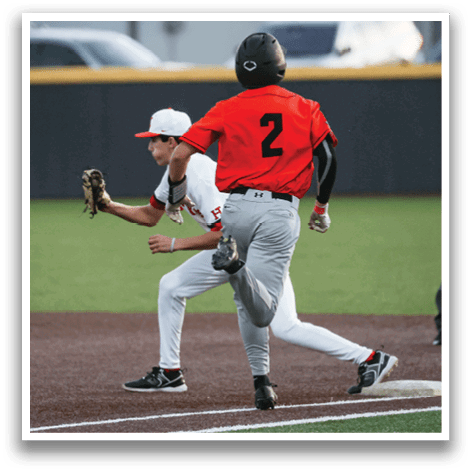 A baseball player wearing a red jersey is running towards a base while another player with a baseball glove is trying to catch the ball. AI generated content