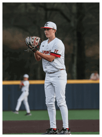 A baseball player in a white uniform with a red H on the sleeve is holding a baseball glove. AI generated content