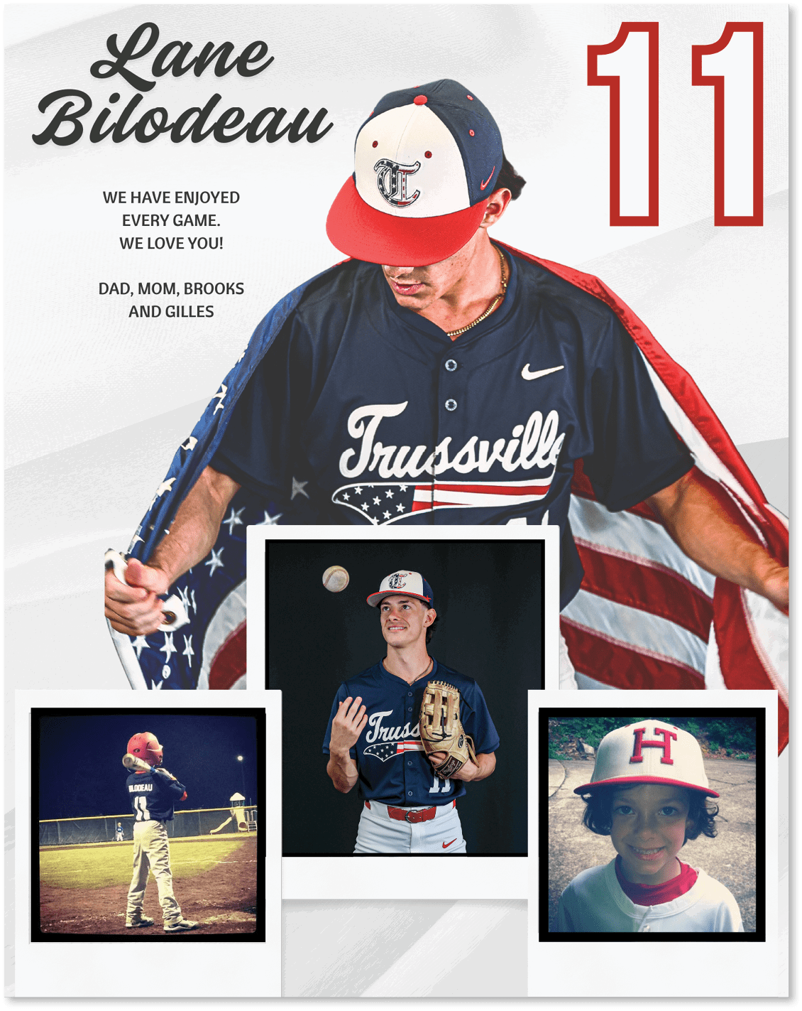 A baseball player wearing a blue and red jersey is shown on a poster. AI generated content