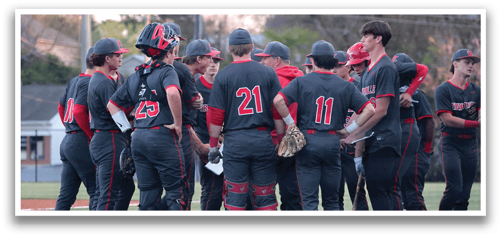 Baseball players wearing black uniforms and red caps, standing on a field. AI generated content