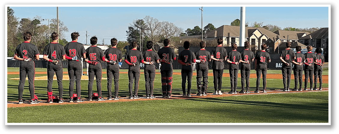 Baseball players in uniforms standing on a field, some of them wearing red and black. AI generated content