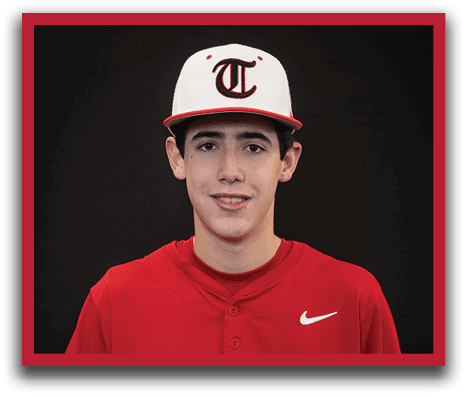 A young man wearing a red baseball jersey with the word “Trussville" on the front. AI generated content