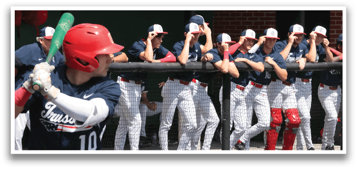 Baseball player swinging a bat in front of a group of teammates. AI generated content