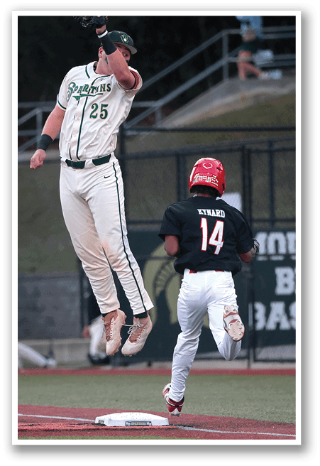 A baseball player jumps in the air to catch a ball. AI generated content
