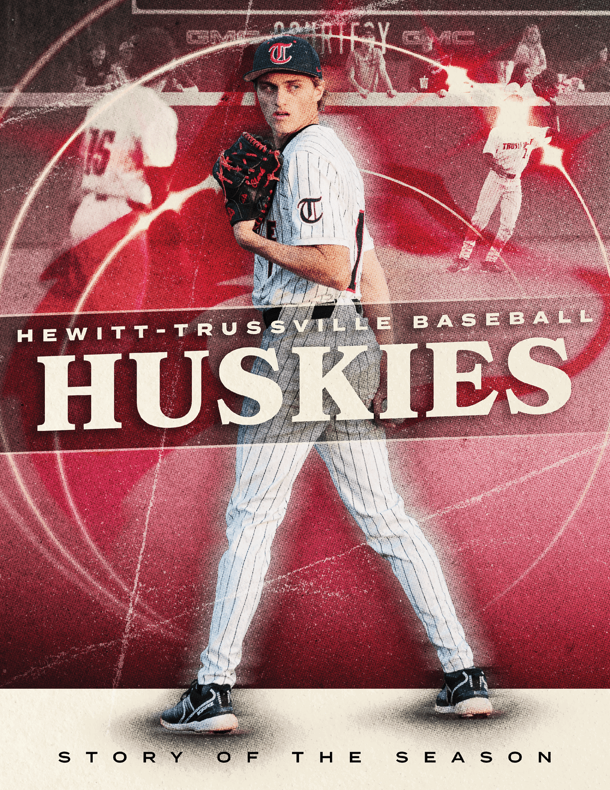 A baseball player in a white uniform with a red stripe stands on a field. AI generated content