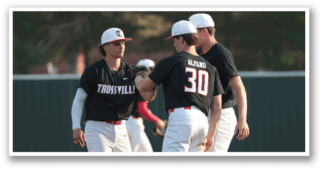 Three baseball players on a field, two of them shaking hands. AI generated content