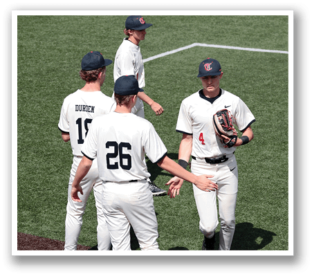 Three baseball players are standing on a field, talking to each other. One of them is holding a baseball glove. AI generated content