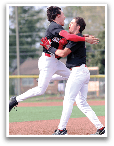 Two baseball players celebrating on the field. AI generated content