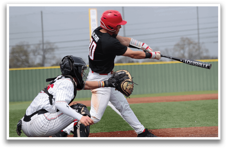 A baseball player in a black shirt and red helmet is swinging a bat at a ball. AI generated content
