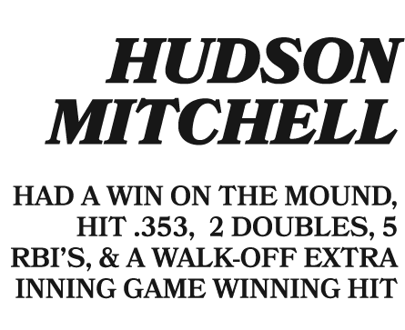  hudson mitchell HAD A WIN ON THE MOUND, HIT .353, 2 DOUBLES, 5 RBI’S, & A WALK OFF EXTRA INNING GAME WINNING HIT