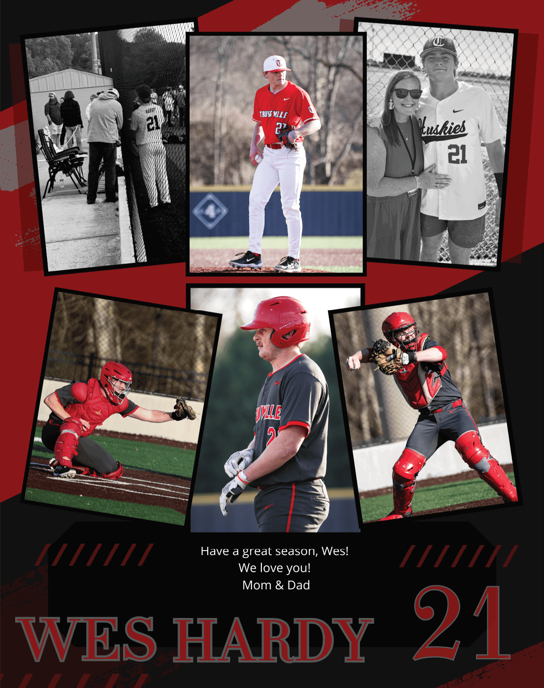 A baseball player wearing a red helmet and jersey is shown in a collage of photos. AI generated content
