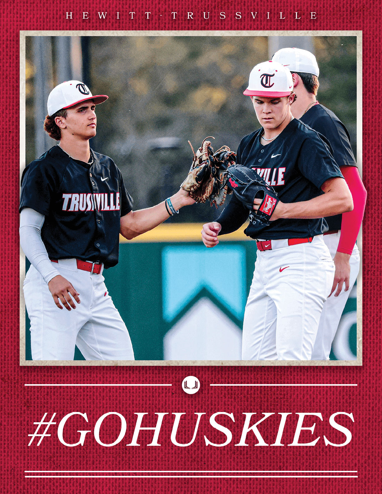 Two baseball players from Trinityville shake hands with a player from Go Huskies. AI generated content