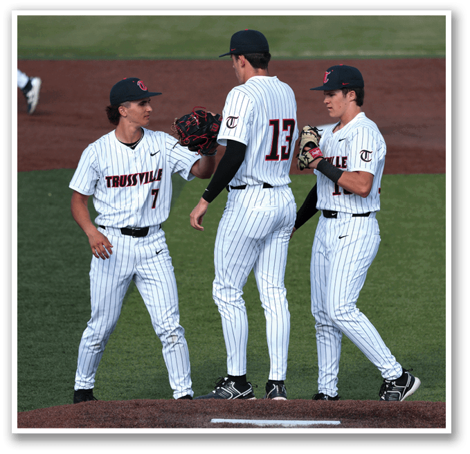 Three baseball players wearing white uniforms are standing on the field. AI generated content