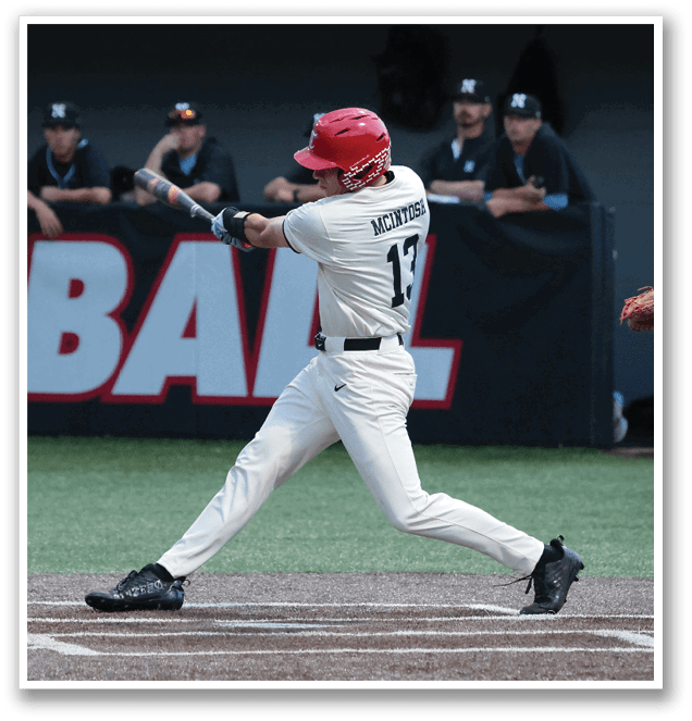 A baseball player in a white uniform is swinging a bat, with a catcher and umpire behind him. AI generated content