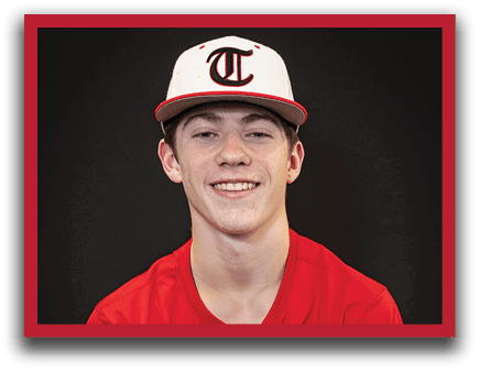 A young man wearing a red baseball jersey with the word “trusville" on the front. AI generated content