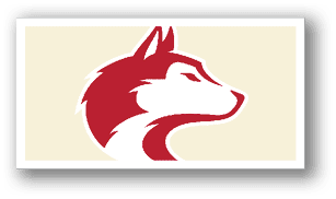 A red and white dog head with a red tongue. AI generated content