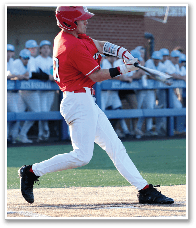 A baseball player in a red shirt and white pants is swinging a bat at a ball. AI generated content
