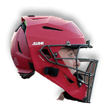 A baseball player wearing a red helmet with a face guard. AI generated content